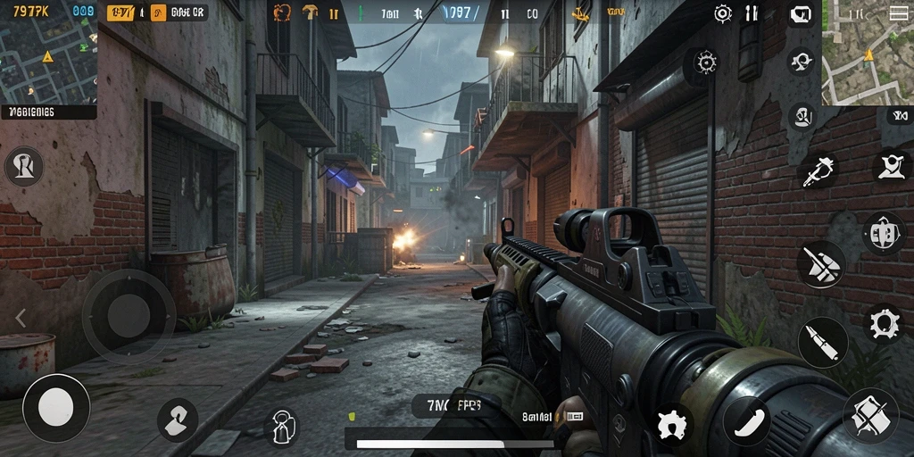 Screenshot gameplay <strong>797K</strong> menunjukkan pertempuran intens di lingkungan yang detail.