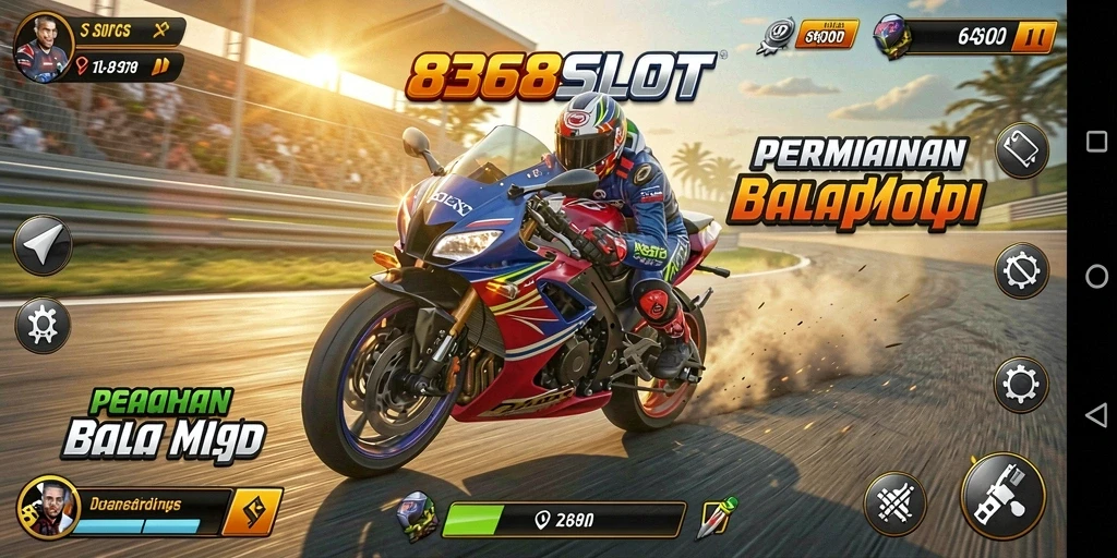 Screenshot utama 8368SLOT menampilkan aksi balap motor yang mendebarkan.
