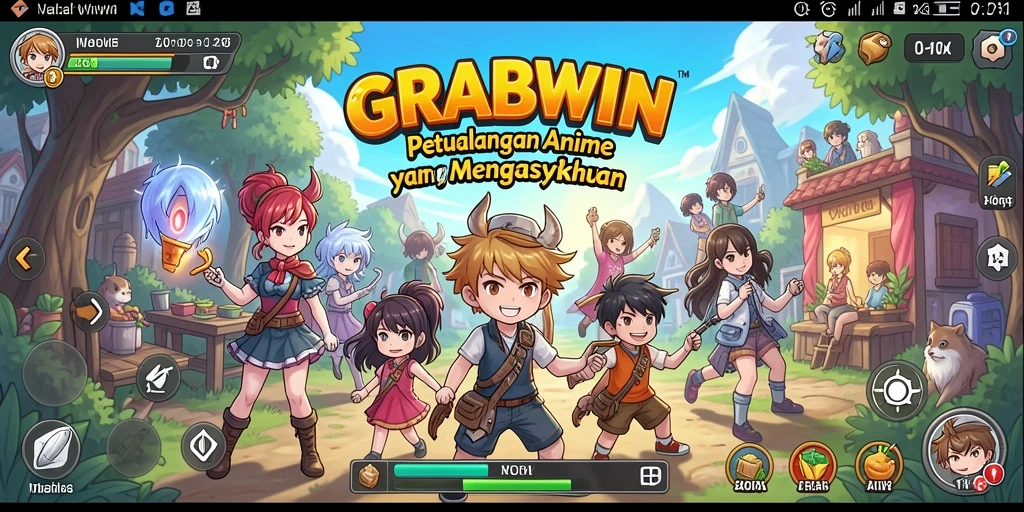 Tangkapan layar gameplay GRABWIN menunjukkan karakter anime yang beraksi.