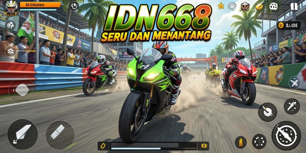 Screenshot IDN668 menampilkan akselerasi di trek balap yang menantang.