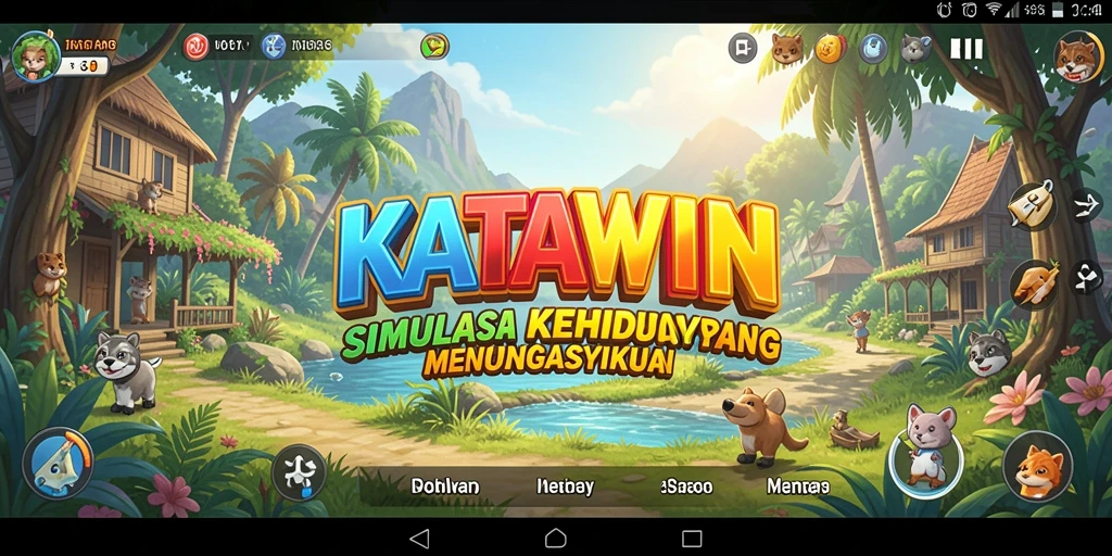 Tampilan gameplay KATAWIN yang menampilkan interaksi karakter dalam simulasi kehidupan.