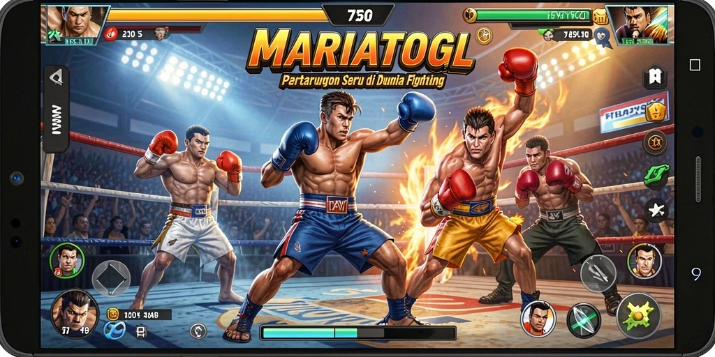 Screenshot gameplay MARIATOGL menunjukkan pertarungan yang mendebarkan dan karakter unik.
