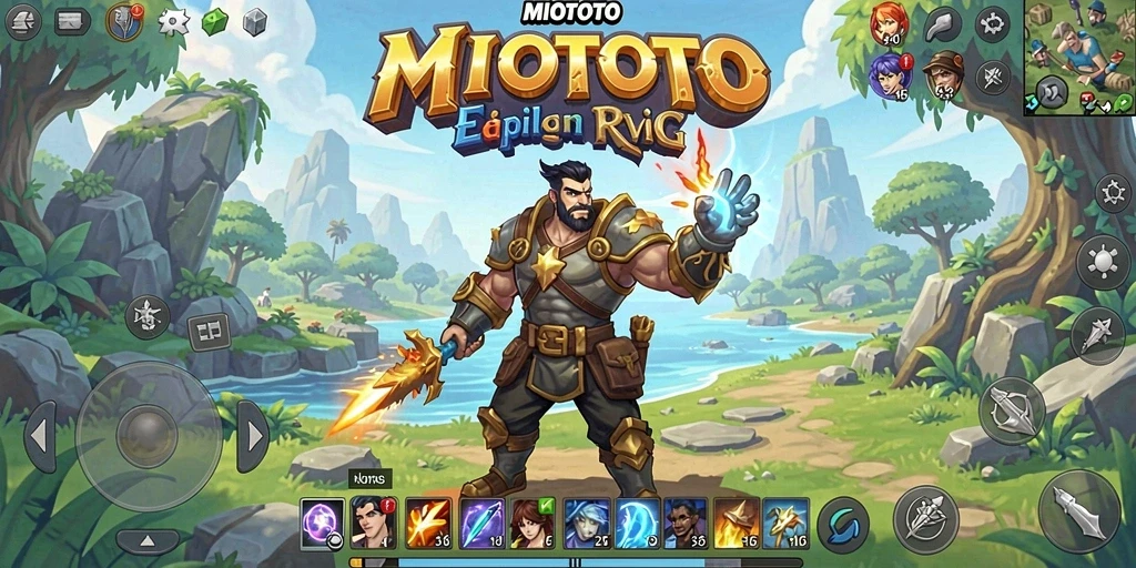 Screenshot menunjukkan pertarungan epik dan petualangan dalam MIOTOTO.