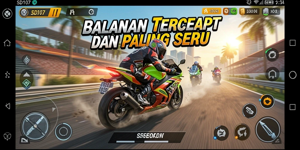 Screenshot SD107 menampilkan aksi balapan motor yang mendebarkan.